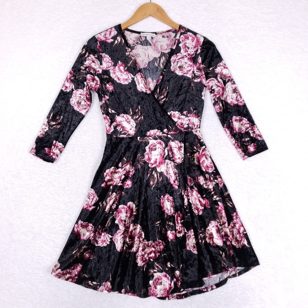 Charlotte Russe Skater Dress Womens S Crushed Velvet Pink Floral Wrap Whimsigoth